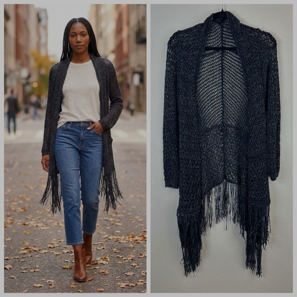 Boho Crotchet Fringe Open Front Cardigan Duster Sweater Size S/M Chicos Blue